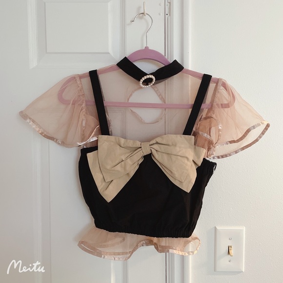 Japanese Swankiss Choker Crystal Ruffle Ribbon Bow Crop Tank Top Blouse - Picture 3 of 11